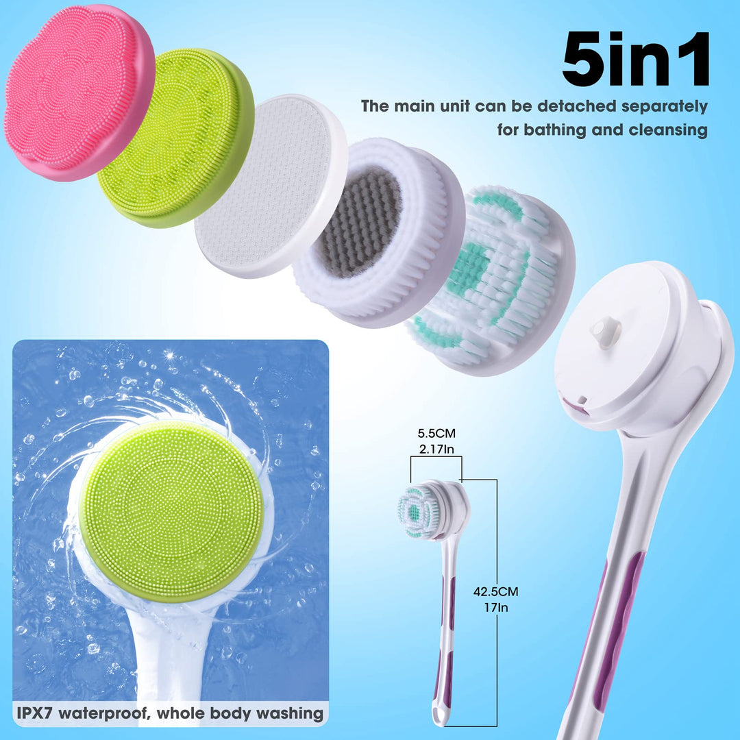Electric Body Brush with 5 Attachments: Rechargeable Back Brush IPX7 Long Handle Exfoliating Spin Scrubber for Shower Bathing Cleansing Wash Deep Cleaning