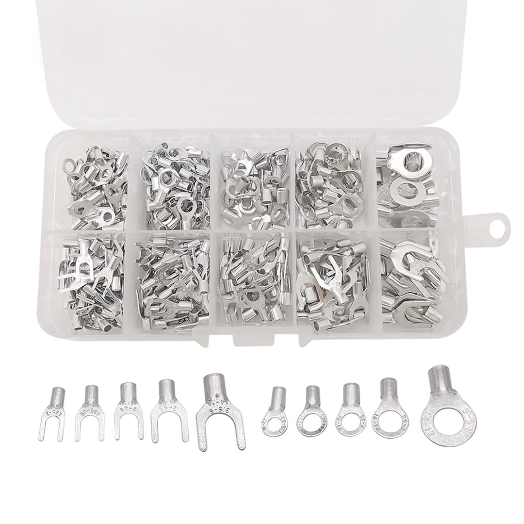 320Pcs Crimp Terminal Non-Insulated Ring Fork U-Type Connector Kit AWG 22-16 16-14 14-12 Tin-Plated Wire Lugs Battery Cable Terminals