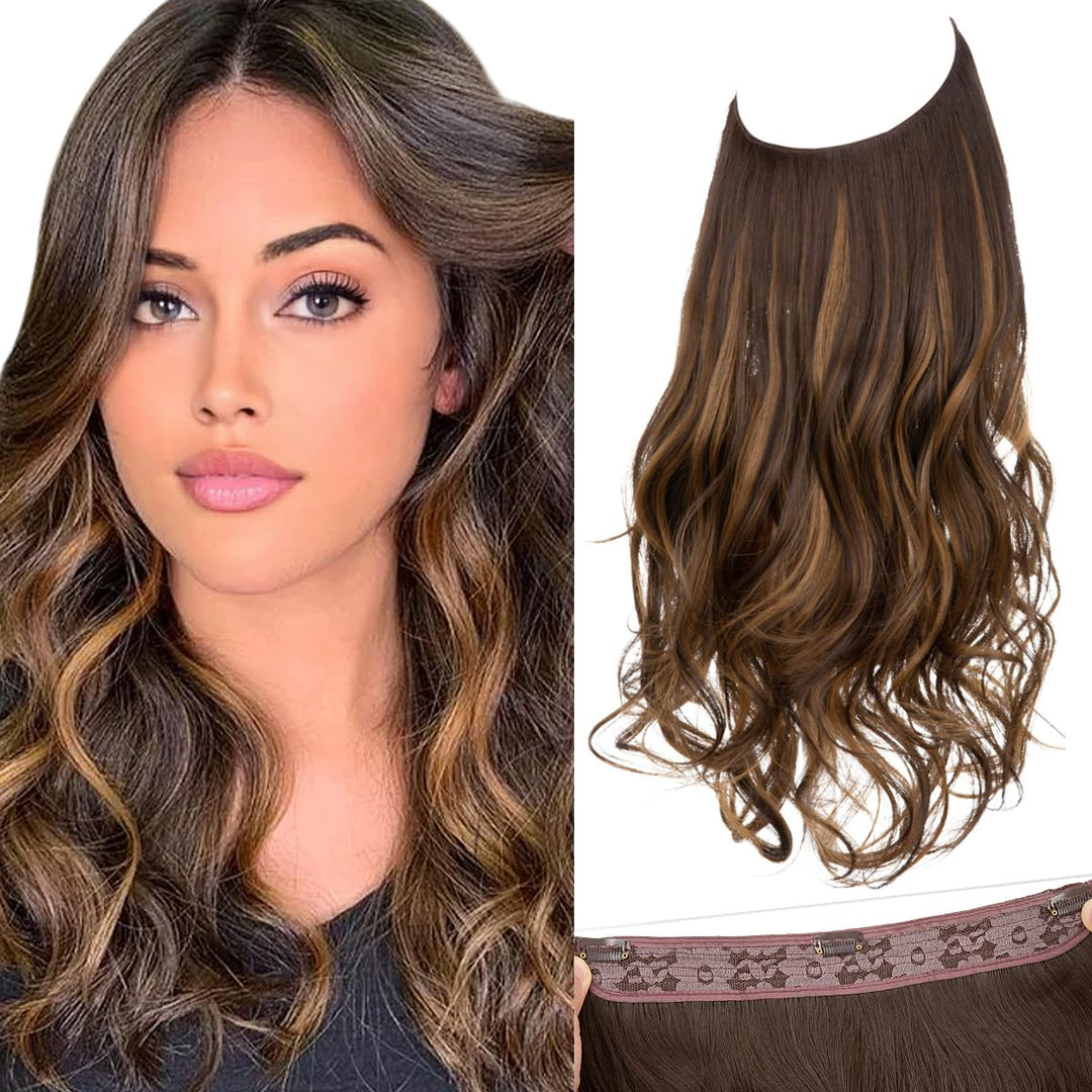 Invisible Wire Hair Extensions with 3 Clips Synthetic Wavy Curly Hairpiece Adjustable Transparent Headband for Women 16 Inch Dark Brown/Golden Blonde Highlights