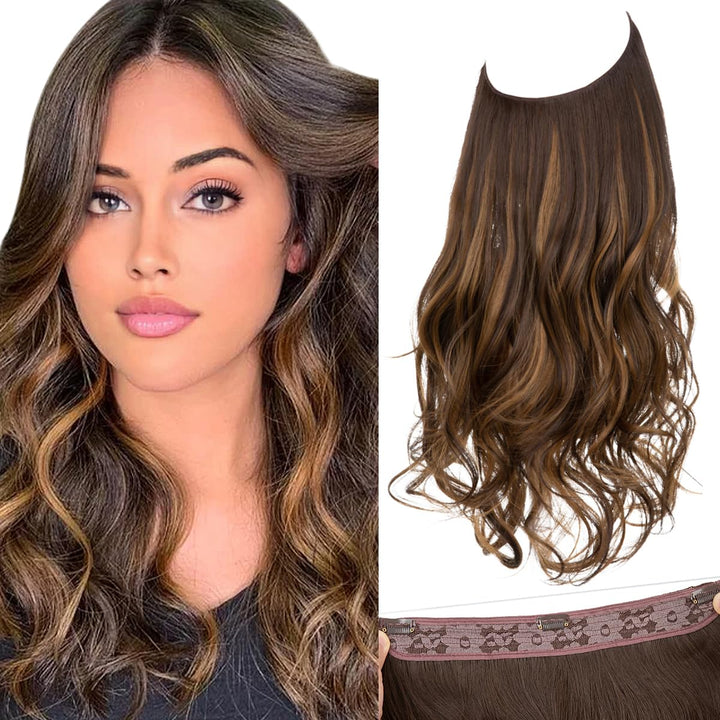 Invisible Wire Hair Extensions with 3 Clips Synthetic Wavy Curly Hairpiece Adjustable Transparent Headband for Women 16 Inch Dark Brown/Golden Blonde Highlights