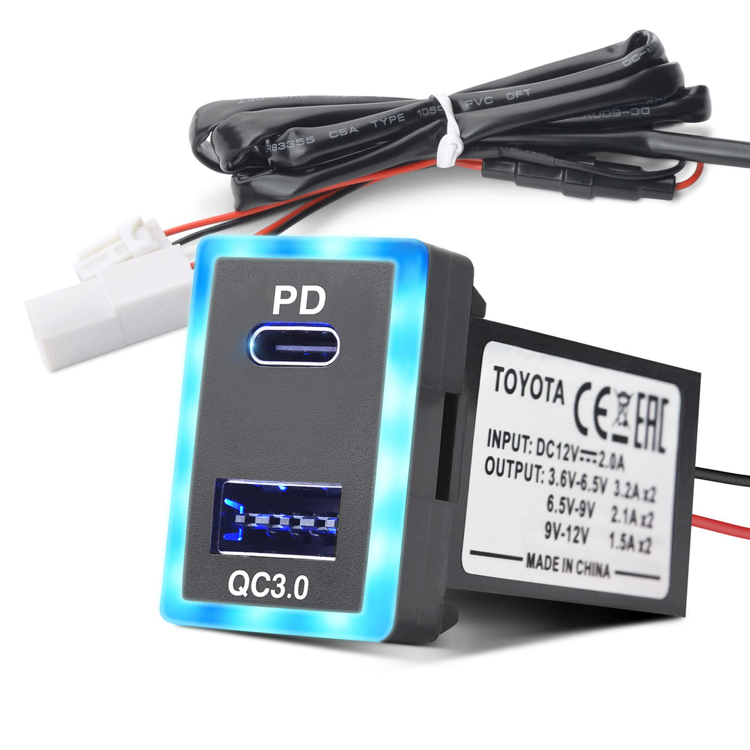12V/24V USB Type C Car Charger Replacement for Toyota, Dual USB Ports QC3.0 & PD Type C Car Power Socket Compatible with iPhone iPad PDA Laptop GPS (1.3''×0.9'')