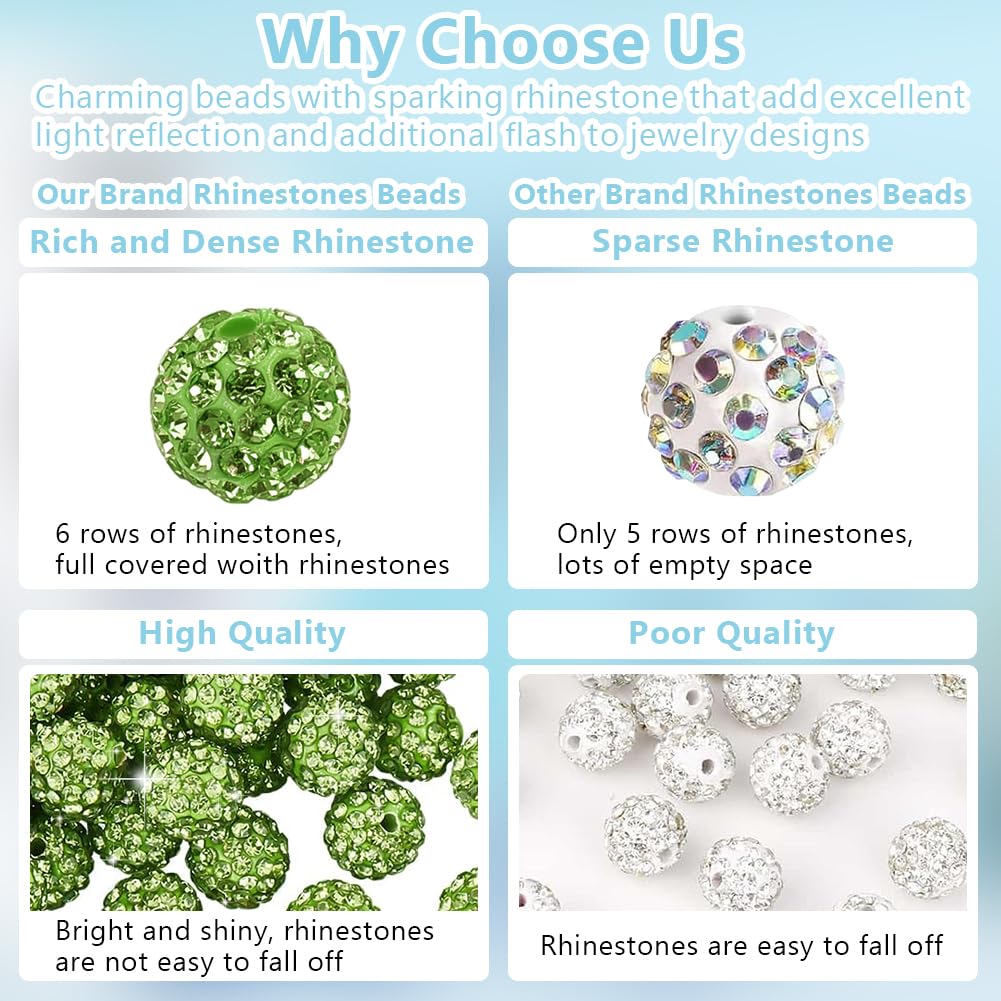 100pcs 10mm Green Rhinestone Beads Green Polymer Clay Beads Crystal Beads Pave Disco Ball Clay Beads Round Diamond Clay Beads for Necklace Bracelet Jewelry Making DIY Crafts