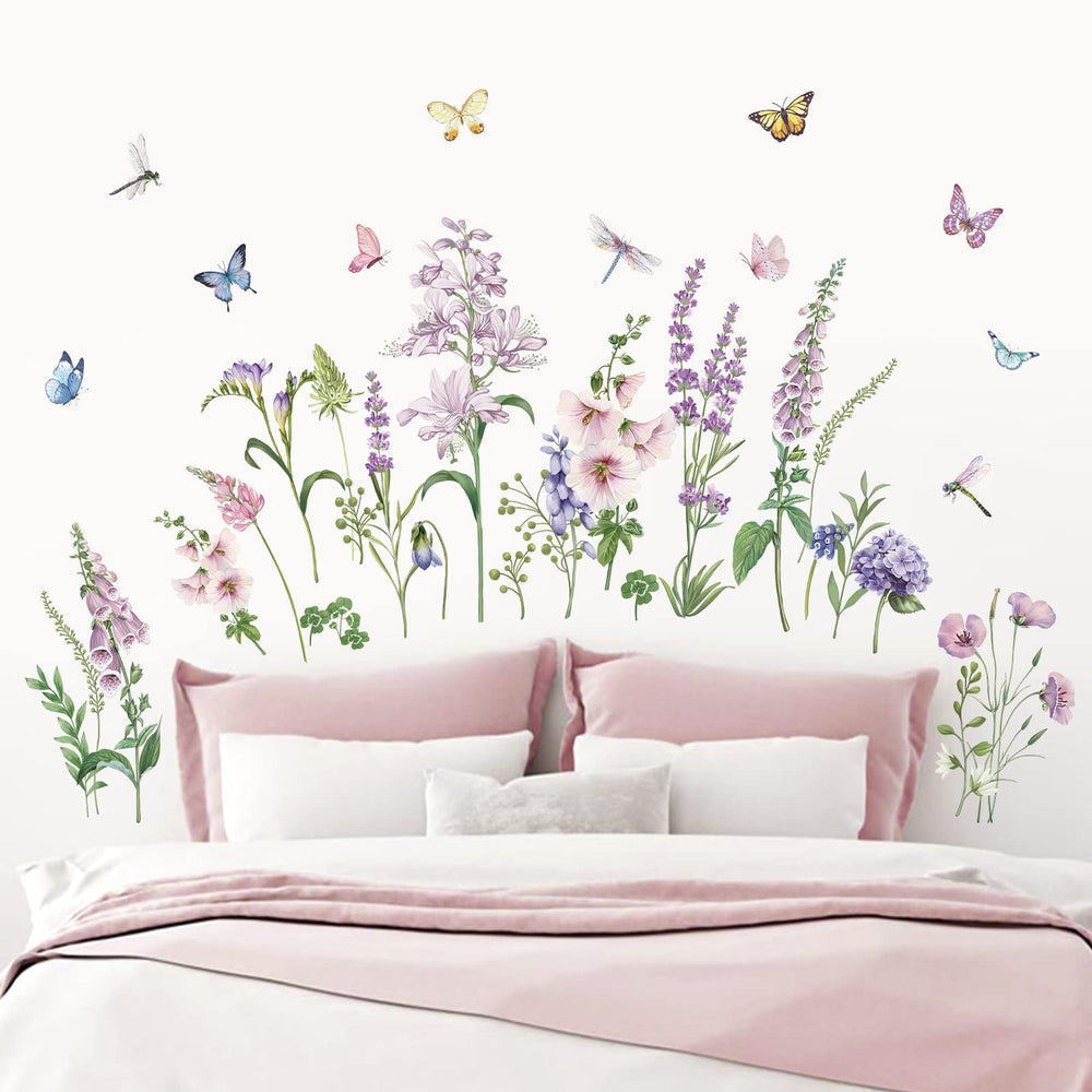 Purple Lavender Flowers Wall Corner Stickers Garden Floral Butterflies Baseboard Skirting Line Wall Decals for Living Room Bedroom (W:57 inches)