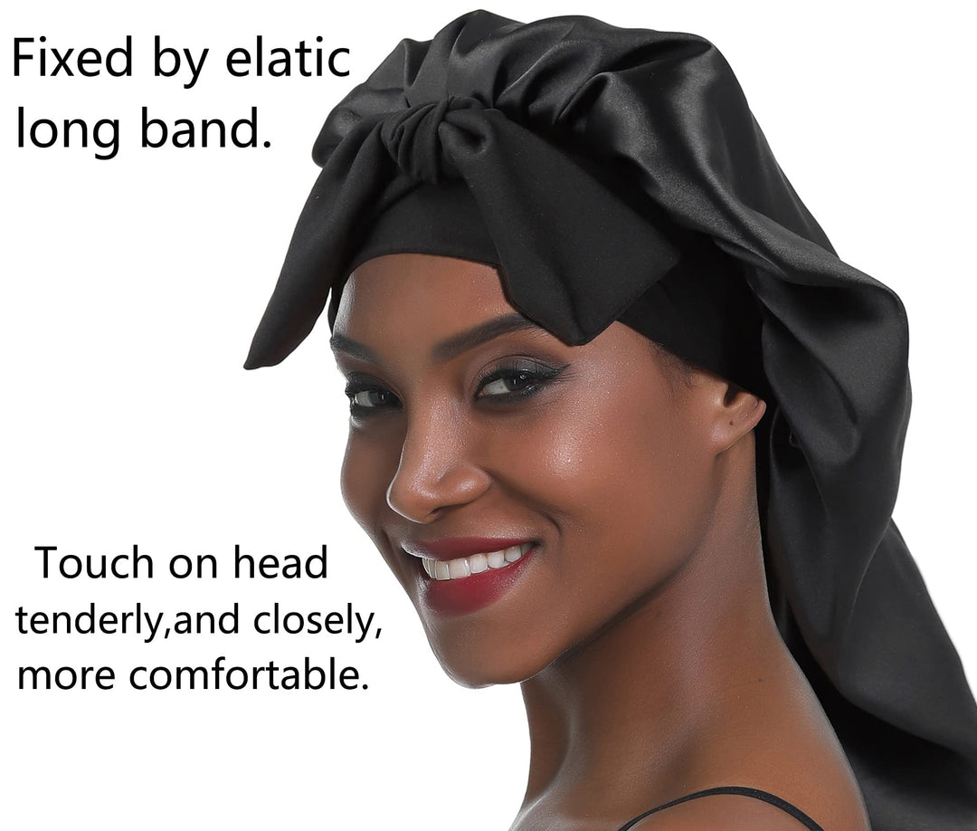Silk Braid Bonnet Long Satin Bonnet Sleep Cap with tie Band Adjustable Bonnet for Women Curly Dreadlocks Frizzy Hair