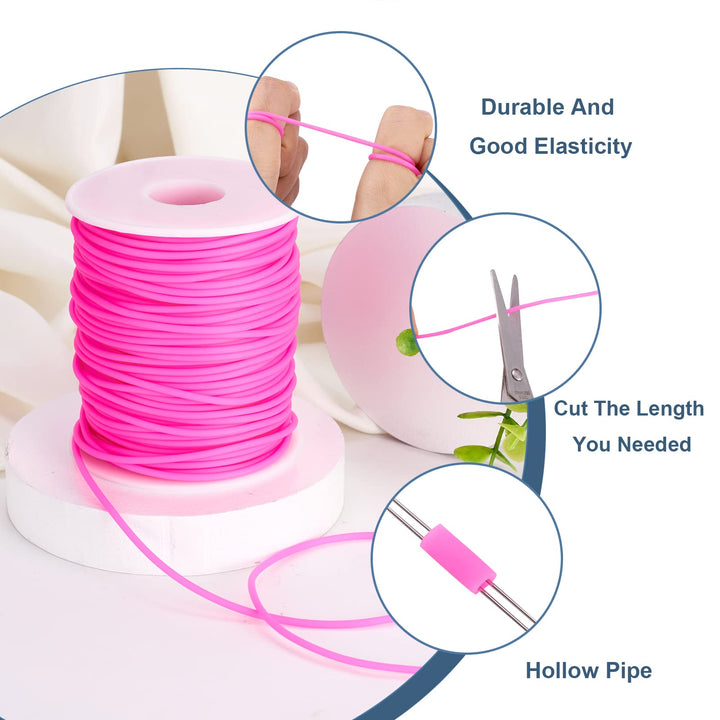 Pandahall 54.68 Yards/Roll 2mm Hollow Pipe Tubuing Rubber Cord with 1mm Hole Solid Rubber Tube Cord with Plasic Spool (Camellia)