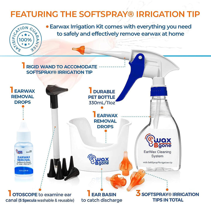 WaxBgone Earwax Removal Kit - Fast, Gentle, and Effective Ear Wax Removal Kit – Dissolve and Remove Earwax at Home - Includes Earwax Softening Drops, 3 SoftSpray Reusable Irrigation Tips, Otoscope