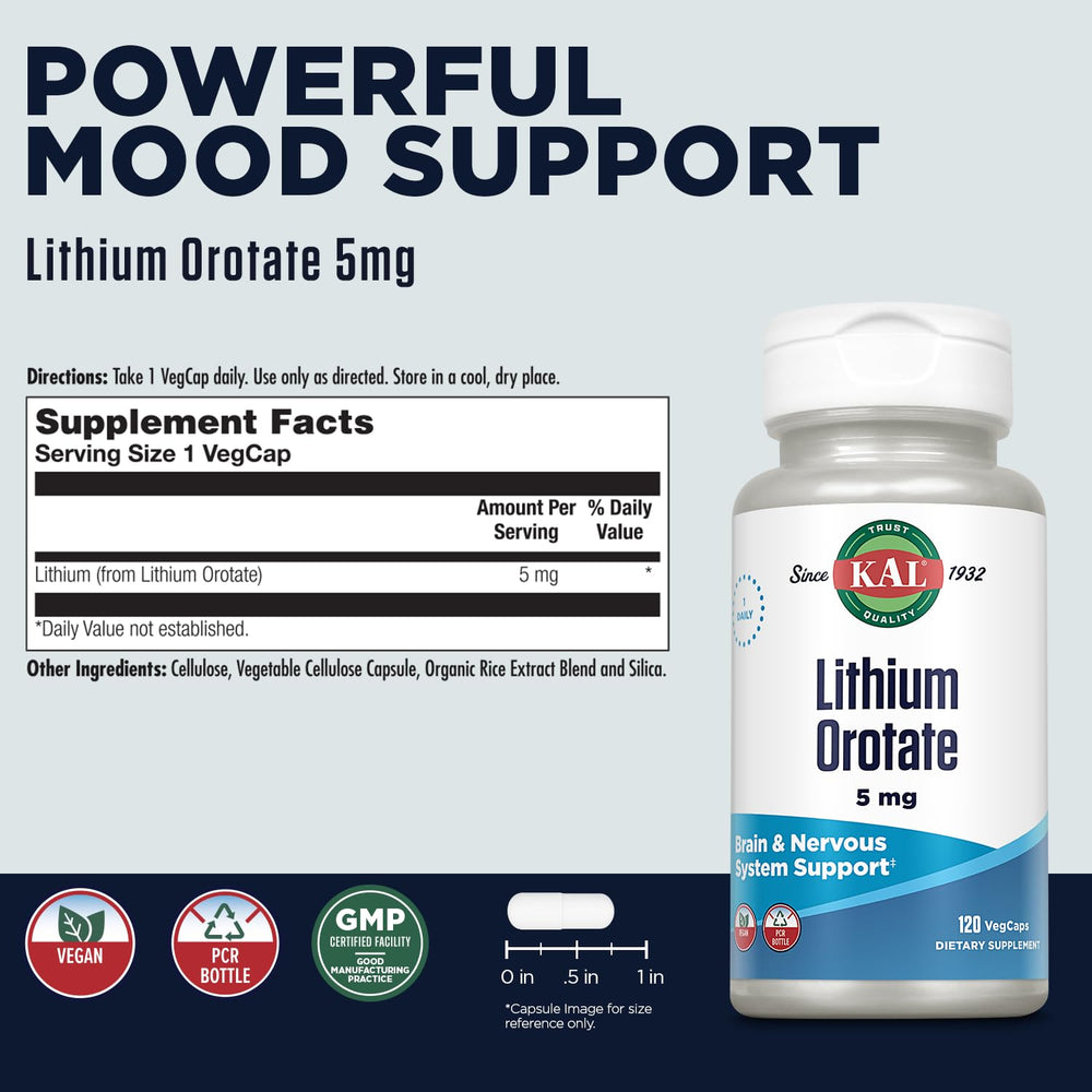 Lithium Orotate 5 milligrams | Low Serving Of Chelated Lithium Orotate For Bioavailability and Mood Support | In Organic Rice Bran Extract Base | 120 VegCaps