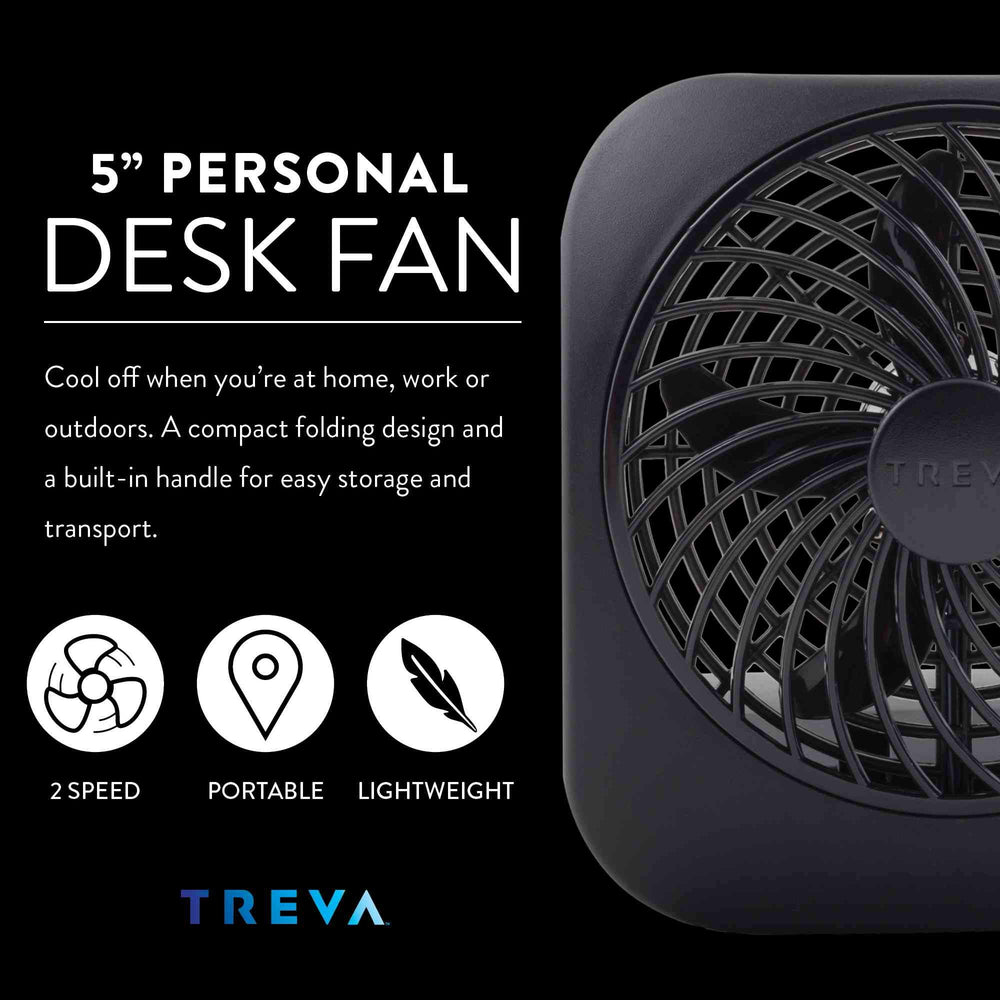 Treva 5 Inch Battery Powered Fan Portable Desk Fan 2 Cooling Speeds with Compact Folding & Tilt Design Small Fan Cubicle Accessories Mini Fan Portable 2 Pack (Black)