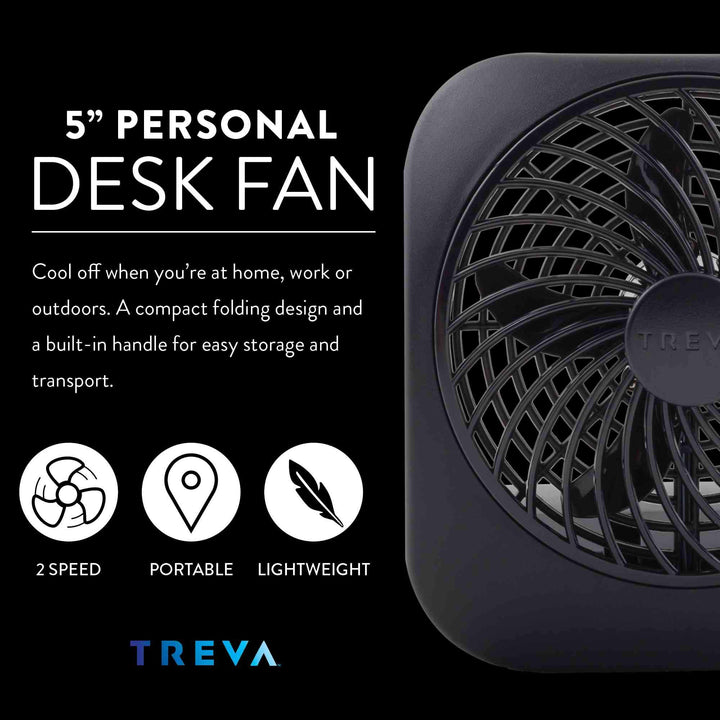 Treva 5 Inch Battery Powered Fan Portable Desk Fan 2 Cooling Speeds with Compact Folding & Tilt Design Small Fan Cubicle Accessories Mini Fan Portable 2 Pack (Black)