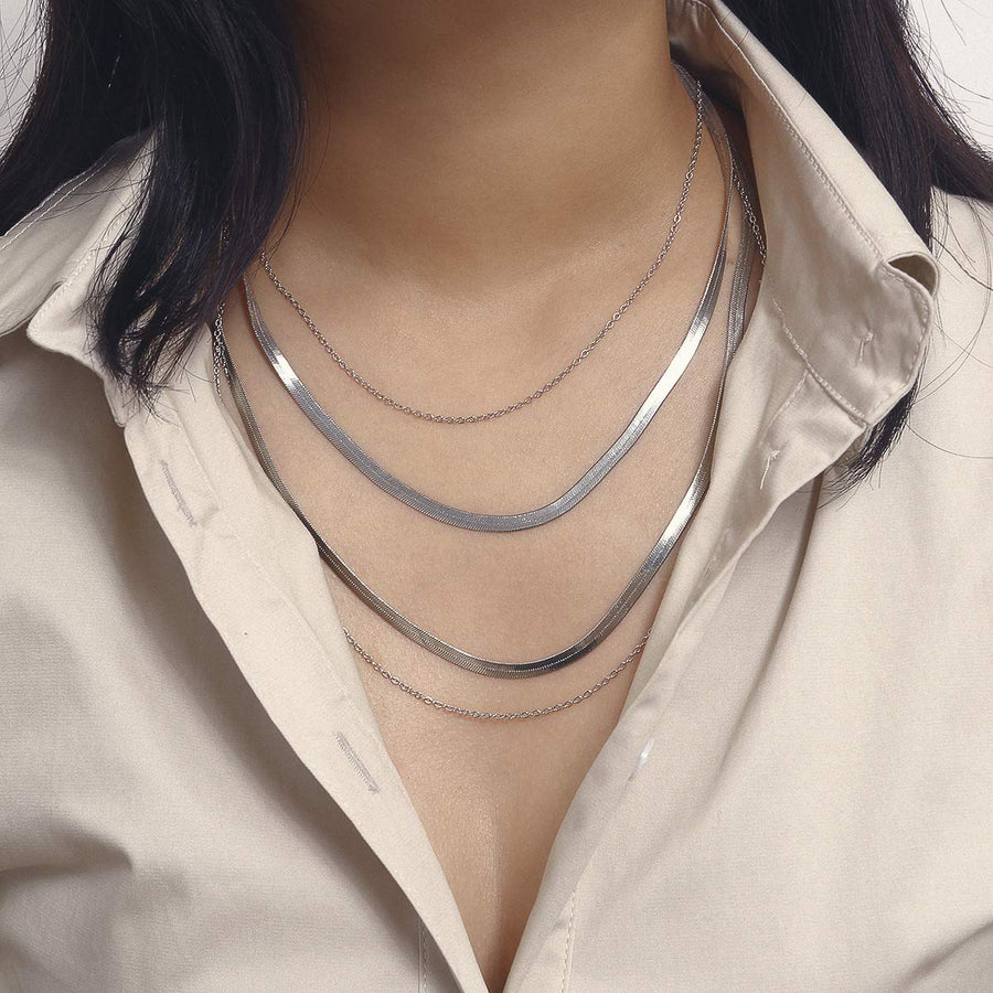 Italian Layered Flat Herringbone Chain Choker Necklace Snake Magic Necklace Prom Party Festival Accessories for Women(Silver)