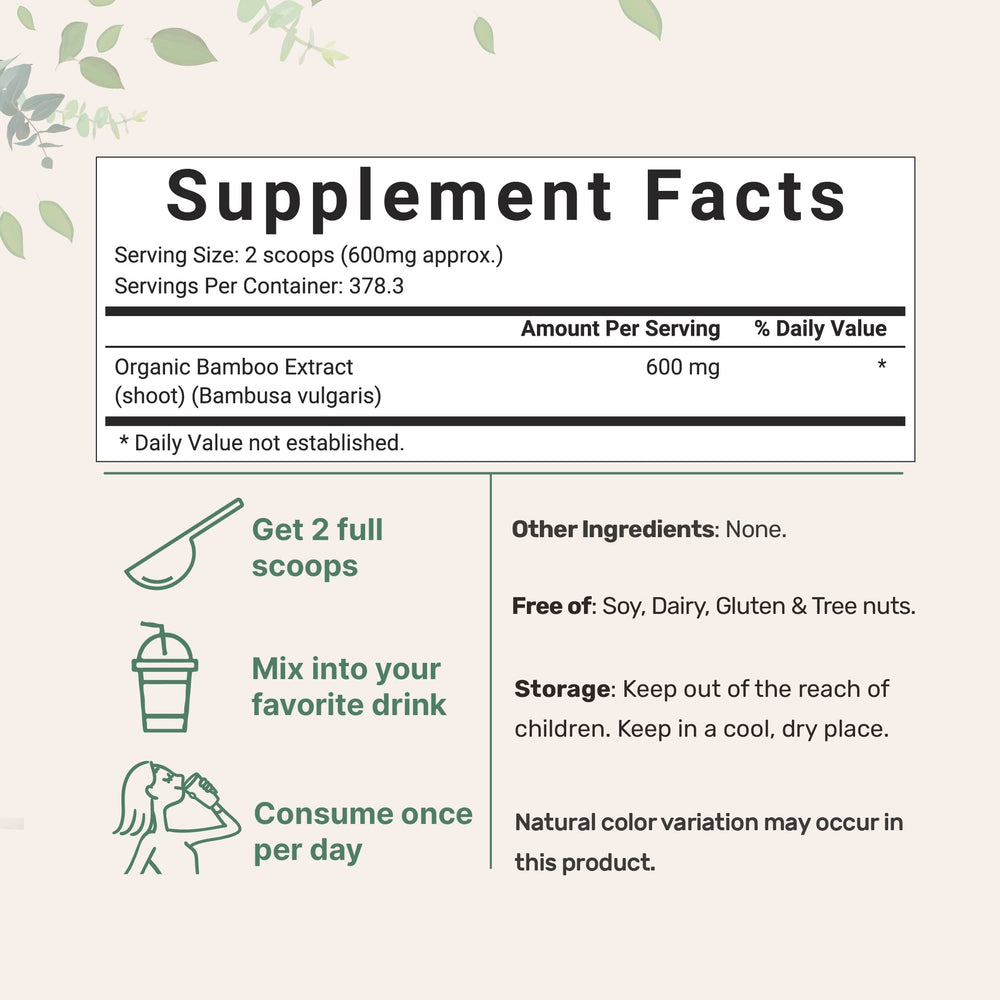 Organic Bamboo Extract Powder, 8 Ounce (1 Year Supply), Rich in Silica and Minerals, Supports Healthy Skin, Nail, Hair, Joints and Bones, Non-GMO and Vegan Friendly