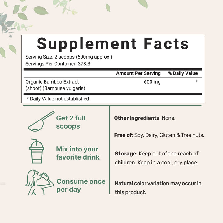 Organic Bamboo Extract Powder, 8 Ounce (1 Year Supply), Rich in Silica and Minerals, Supports Healthy Skin, Nail, Hair, Joints and Bones, Non-GMO and Vegan Friendly
