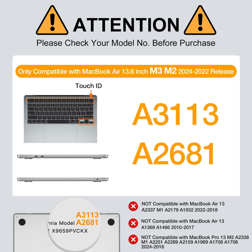 Compatible with MacBook Air 13 inch Case 2024 2023 2022 Release M3 A3113 M2 A2681 with Touch ID, Protective Plastic Hard Shell Cover Compatible with MacBook Air 13.6 inch Case, Black