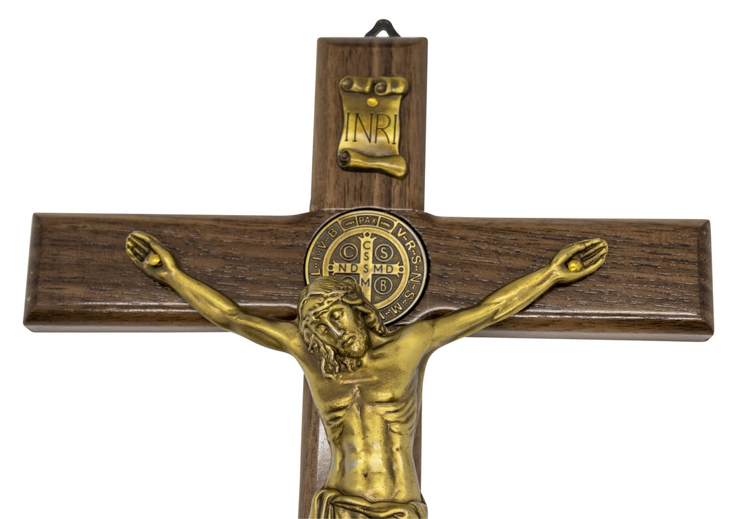 12 Dark Wood St. Benedict Crucifix with Metallic Corpus and Embedded St. Benedict Medals (Antique Brass)