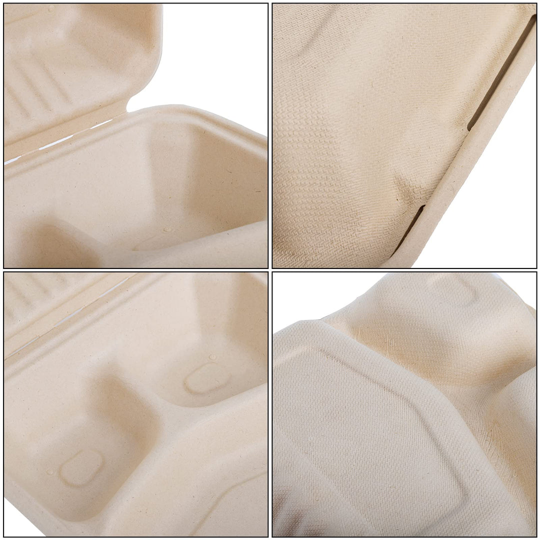90 Pack Clamshell Take Out Food Containers (8 x 8, 3-Compartment), Compostable Heavy-Duty to Go Containers, Natural Disposable Bagasse Containers, Made of Sugar Cane Fibers