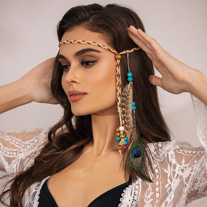 Indian Peacock Feather Headbands Boho Princess Head Chain Bule Adjust Headdress Handmade Rope Hair Accessories for Women and Girls (G)