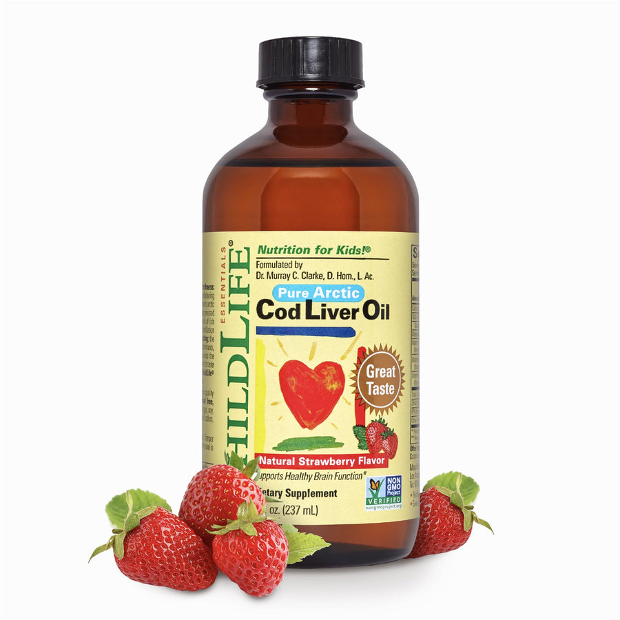 CHILDLIFE Essentials Cod Liver Oil for Kids - Liquid, Arctic Cod Liver Oil for Babies 6+ Months, Toddlers, & Children, Added DHA, EPA, Omega-3 Fatty Acids - Strawberry, 8 fl oz