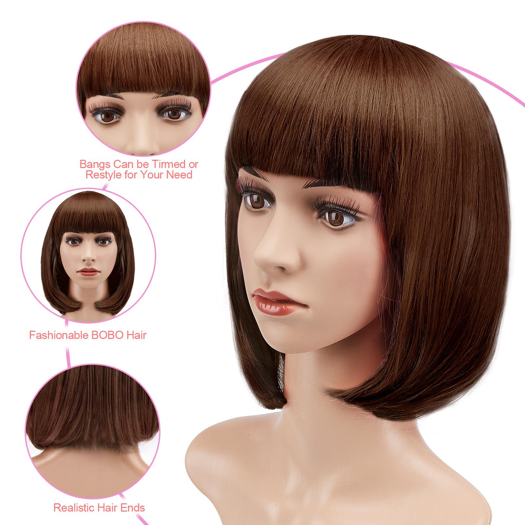 Light brown : AGPtEK 13 Inches Bob Style Wig Disco Party Short Straight Bang Hair Heat Resistant Full Wig-Light brown
