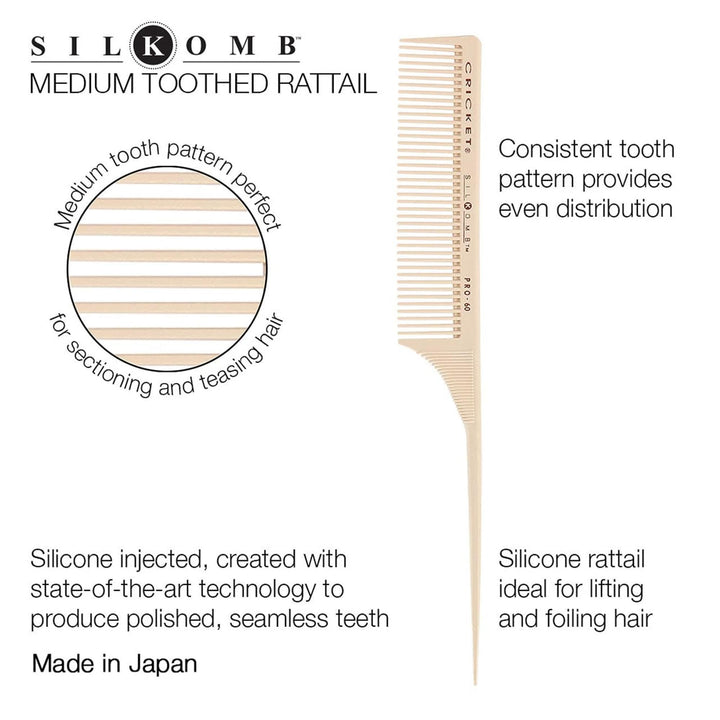 Silkomb Pro-60 Medium Tooth Rattail Professional Hair Stylist Comb for Teasing Sectioning Parting Lifting Styling Coloring Hair