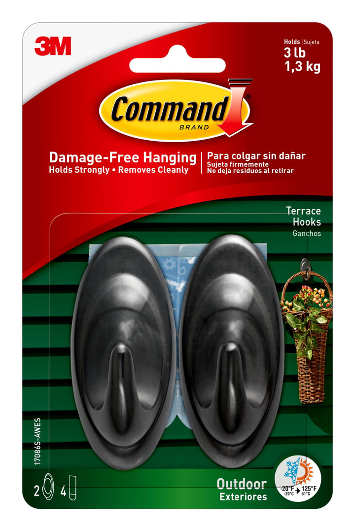 Outdoor Terrace Hooks, 2 Hooks and 4 Strips, Damage Free Hanging Wall Hooks for Hanging Christmas Decorations with Weather Resistant Strips, Holds up to 3 lb