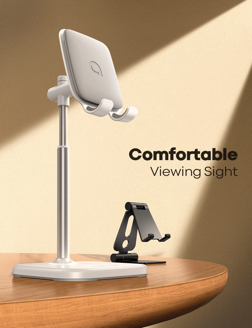 Cell Phone Stand, Desk Phone Holder Height Angle Adjustable Mobile Phone Stand, Cradle, Dock for Desktop, Office, Compatible with All 4-10 Smartphones, Tablets - White