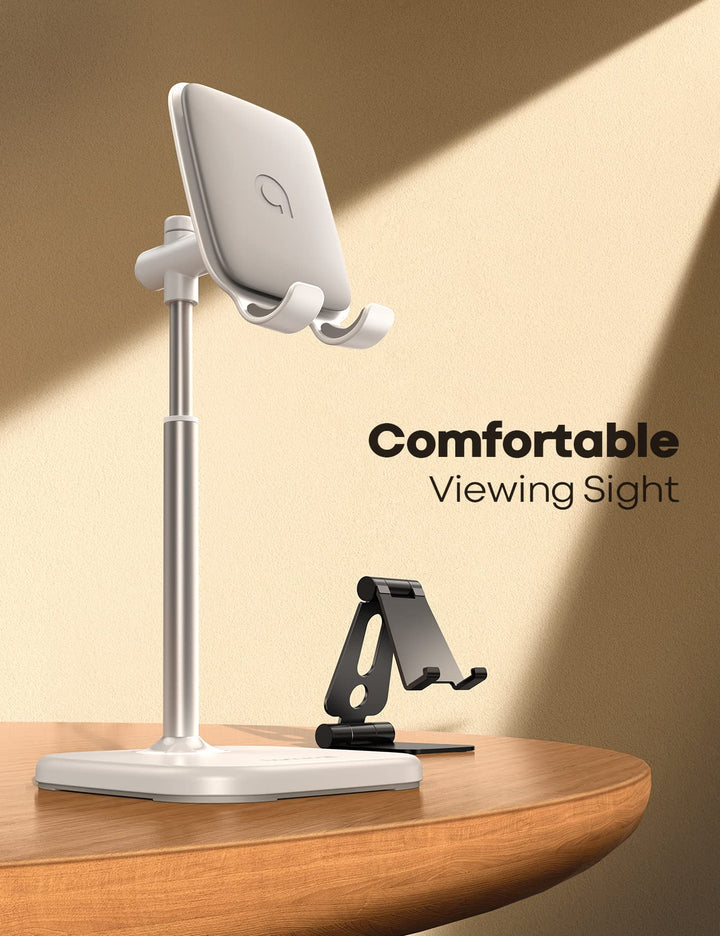 Cell Phone Stand, Desk Phone Holder Height Angle Adjustable Mobile Phone Stand, Cradle, Dock for Desktop, Office, Compatible with All 4-10 Smartphones, Tablets - White