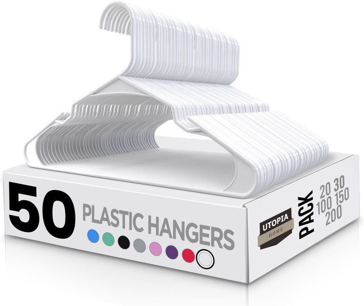 Plastic Hangers 50 Pack - Perfect Space Saving Clothes Hanger - Durable and Strong - Perfect Dorm Room Essentials Or Closet Organizers with Shoulder Grooves (White)