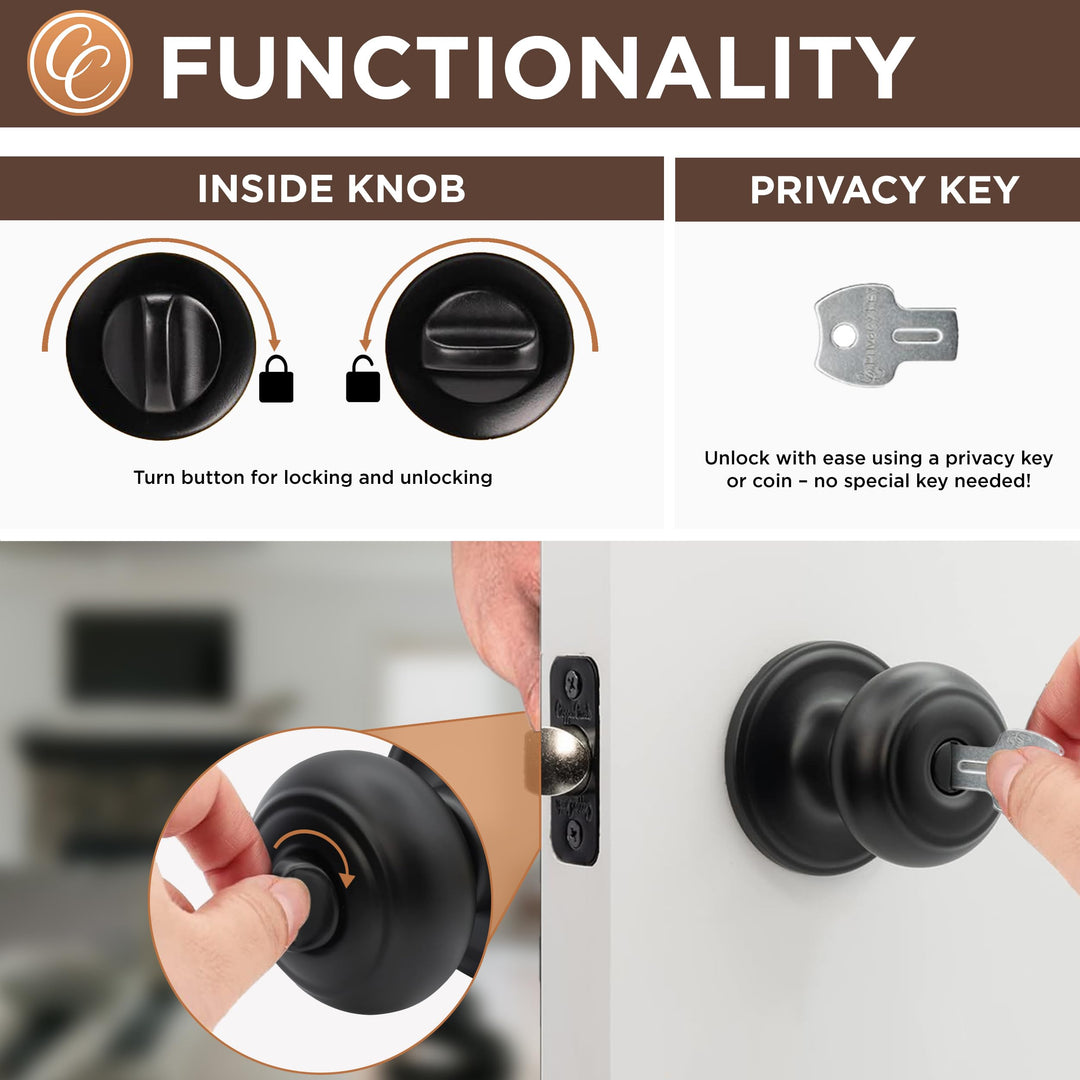 Matte Black Door Knobs - Round Colonial Knob with Privacy Locking Function for Home Improvement, 1 Pack - Fits All Standard Doors - Locking Door Knob for Bedroom and Bathroom Use