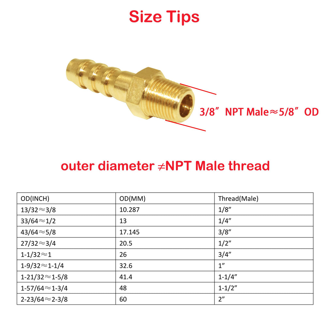 5 Pcs Hose Barb Fittings 5/16 Barb to 3/8 NPT Male Thread Brass Metals Adapter Connector with Hose Clamp