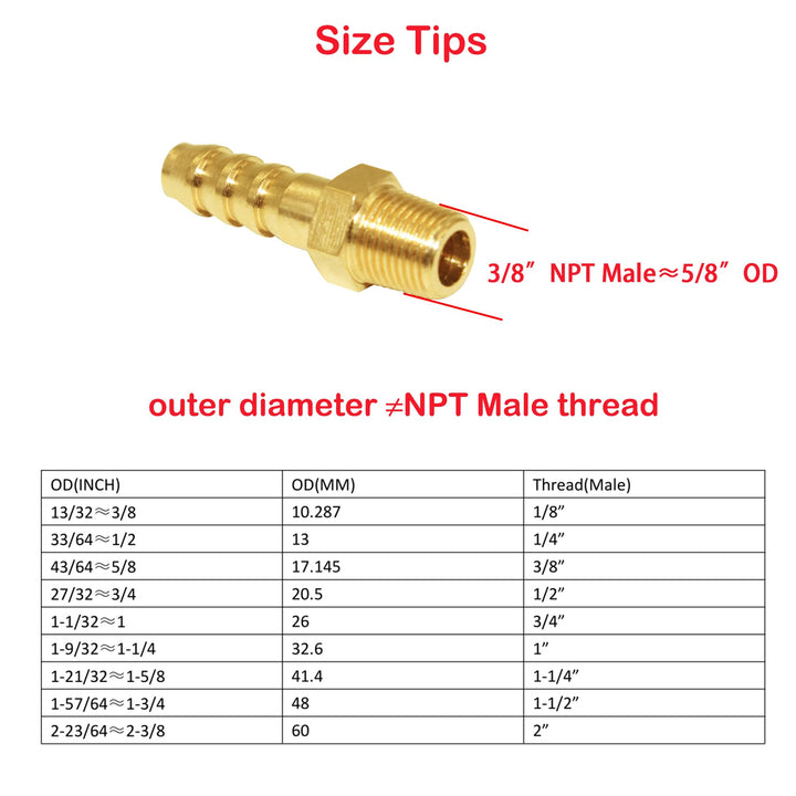 5 Pcs Hose Barb Fittings 5/16 Barb to 3/8 NPT Male Thread Brass Metals Adapter Connector with Hose Clamp
