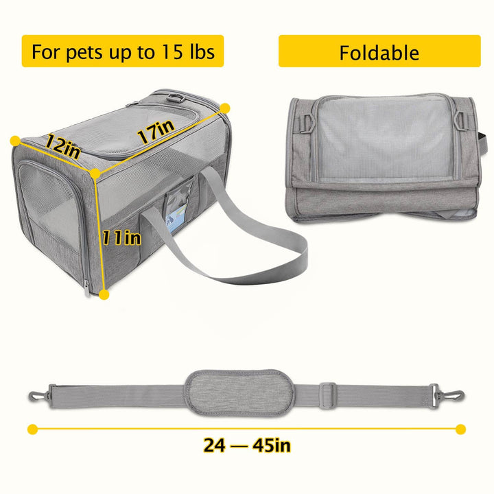 Cat Carrier,Dog Carriers for Small Dogs Medium Cats Pet Carrier up to 15 Lbs, TSA Airline Approved Cat Carrier Soft, Cat Dog Crate Travel Bag,Grey