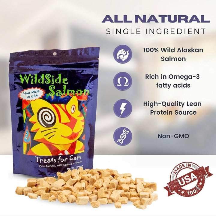 WildSide Salmon - 100% Wild Alaskan Salmon Freeze Dried Cat Treats - Healthy Training Treat - 3oz (3 Pack)