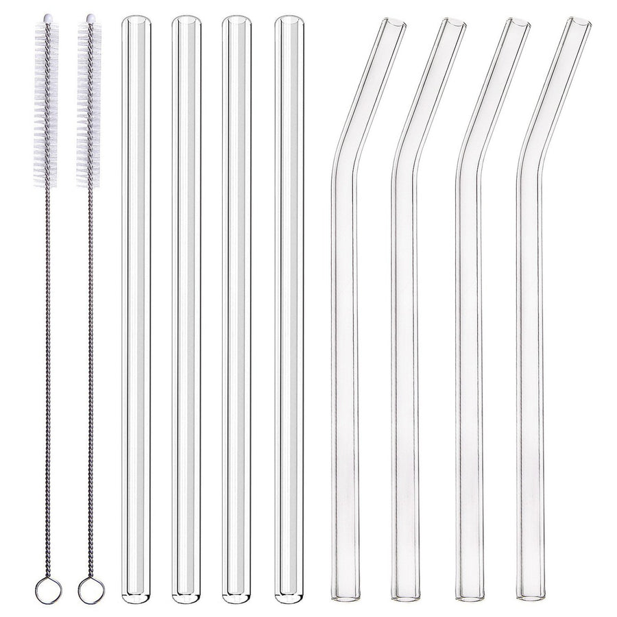 Glass Smoothie Straws, 10 x 10 mm Long Reusable Clear Drinking Straws, Pack of 8 with 2 Cleaning Brush,