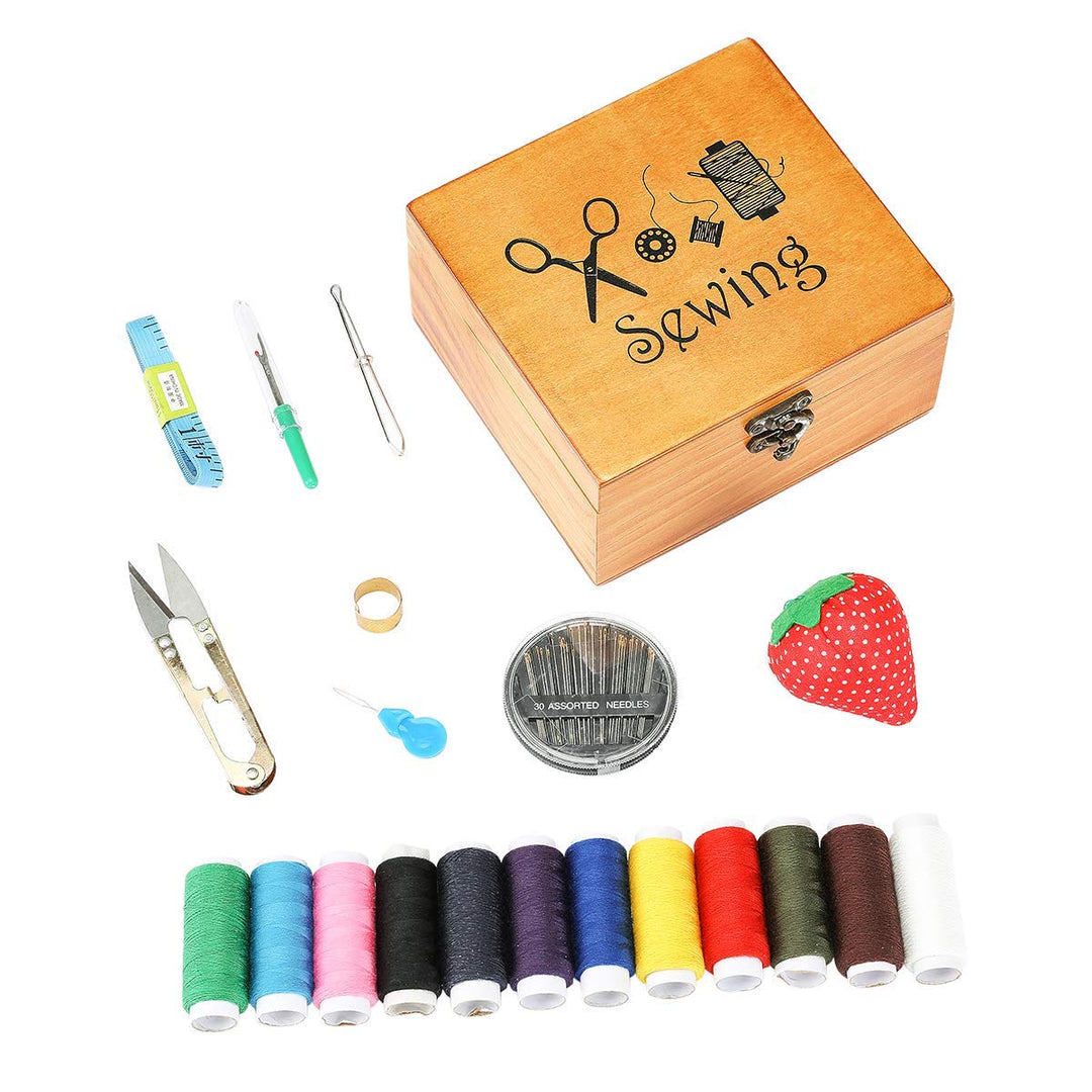 Sewing Kit, Wooden Sewing Kit Box for Adults, Wooden Sewing Basket with Accessories, Home Sewing Basket Stitching Repair Kit for Beginner, Women, Men (Brown)