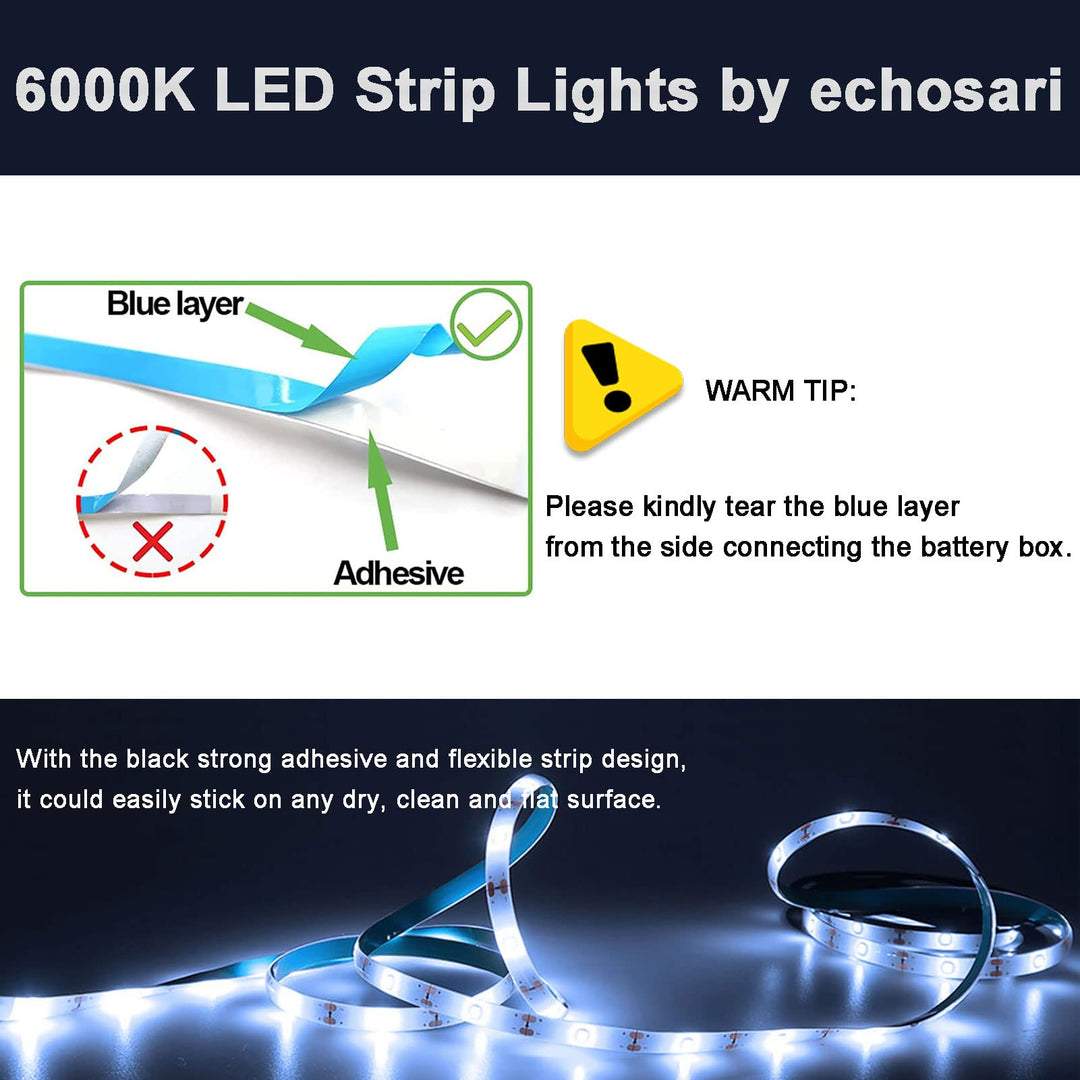 Battery Operated Led Strip Lights White with Remote, 8 Modes, Dimmable, Timer, Self-Adhesive, Cuttable, for PC TV Kitchen Cabinet Shelves Bedroom Decor (3m 90LED)