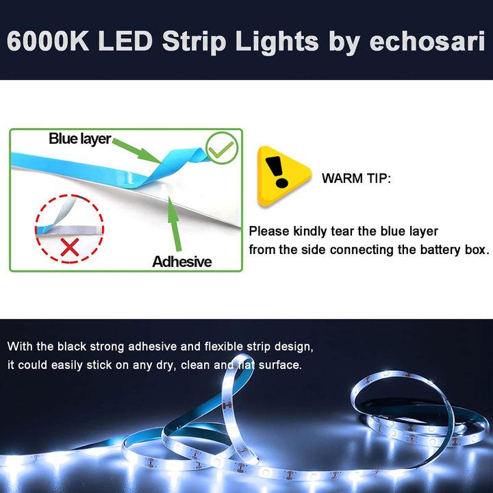 Battery Operated Led Strip Lights White with Remote, 8 Modes, Dimmable, Timer, Self-Adhesive, Cuttable, for PC TV Kitchen Cabinet Shelves Bedroom Decor (3m 90LED)