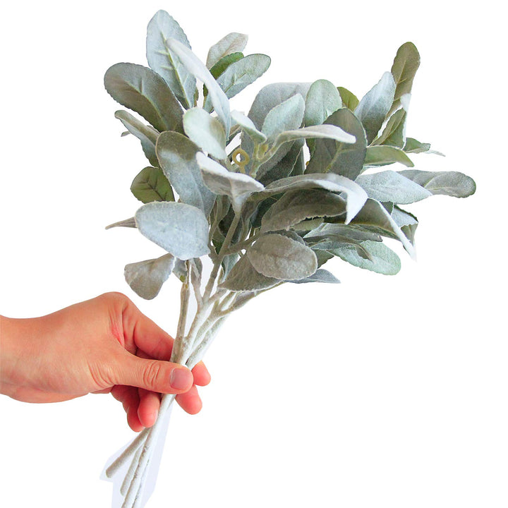 Artificial Flocked Lambs Ear Leaves Dusty Miller Stems Flocked Oak Leaves Lamb's Ear Leaf for Home Wedding DIY Floral Arrangement (Silver Lamb's Ear, 10)