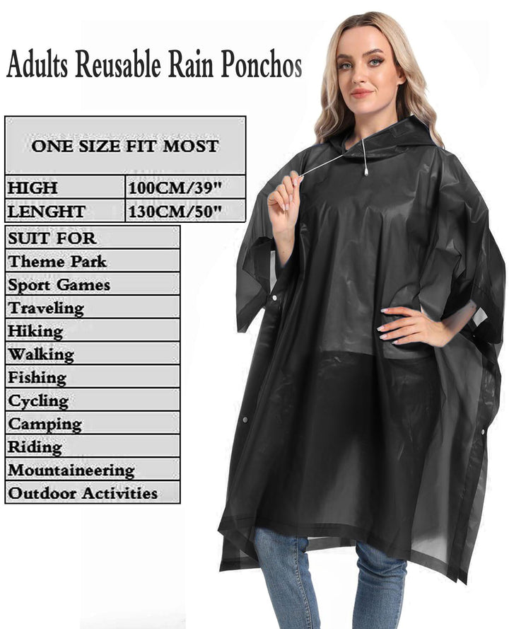 Unisex Reusable Rain Ponchos 2 Packs for Adults Waterproof - Emergency Rain Coat for Theme Park, Hiking, Camping or Traveling,Black