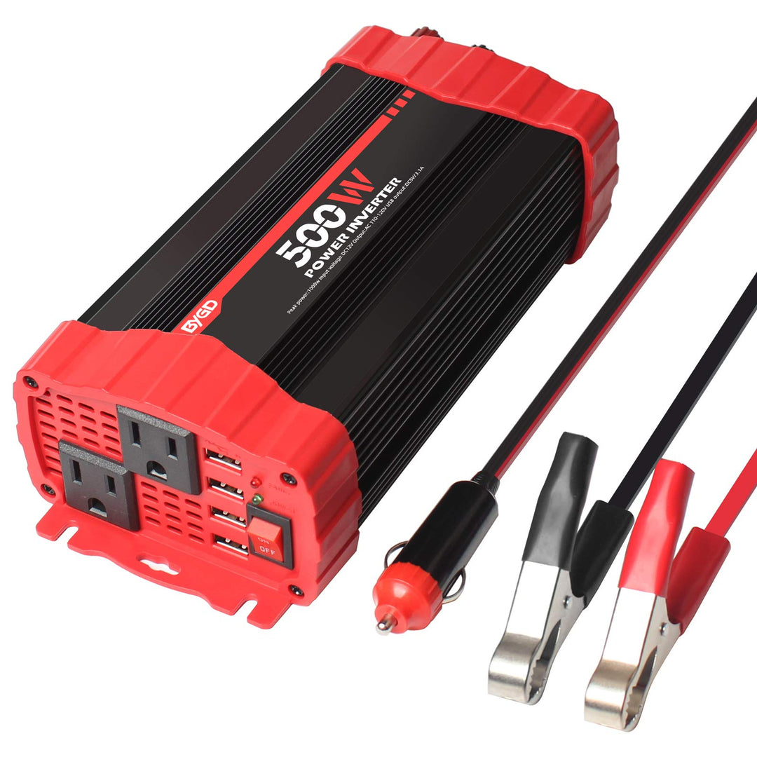 500W Power Inverter, Car Power Inverter DC 12V to 110V AC Car Inverter Converter 4 USB Quick Charging Ports and Dual AC Outlets Car Charger Adpater with Cigarette Lighter Cable and Battery Clamps