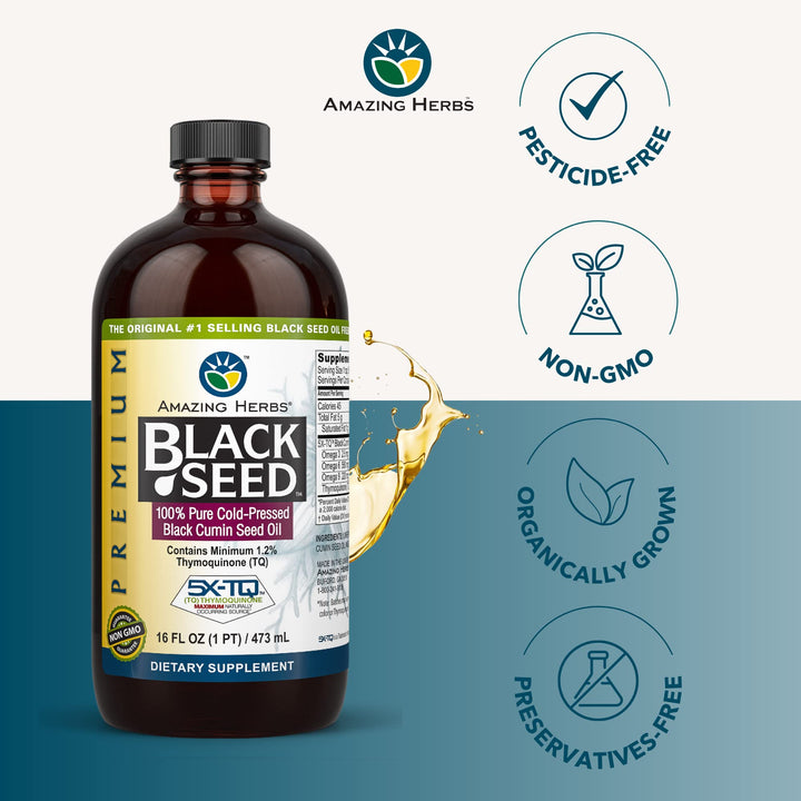 Premium Black Seed Oil - Cold Pressed Nigella Sativa Aids in Digestive Health, Immune Support, Brain Function, Joint Mobility, Gluten Free, Non GMO - 16 Fl Oz
