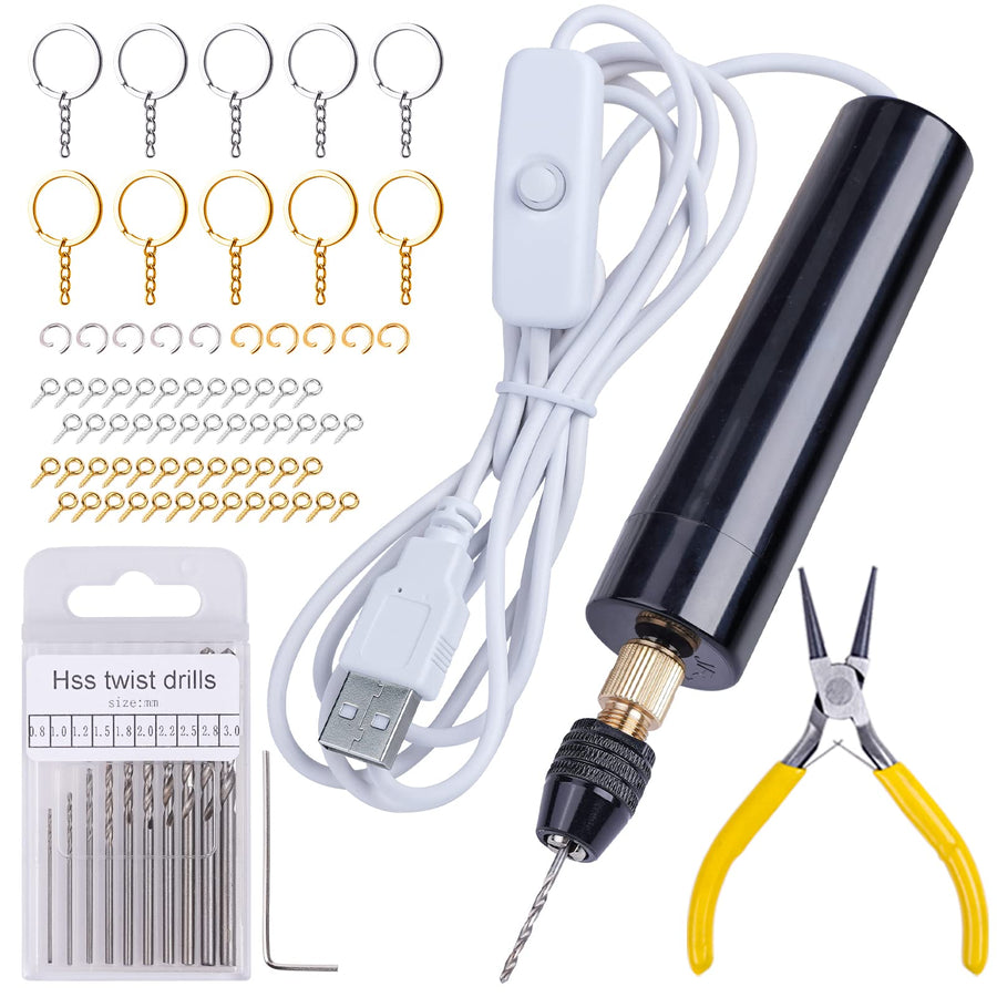 Electric Resin Drill, 74Pcs Hand Drill Supplies with 3-Jaw Clamp-Applicable to A Larger Drilling Range (0-3mm), Grip Nose Pliers, Keychain Making Kit, Tools for Resin Art