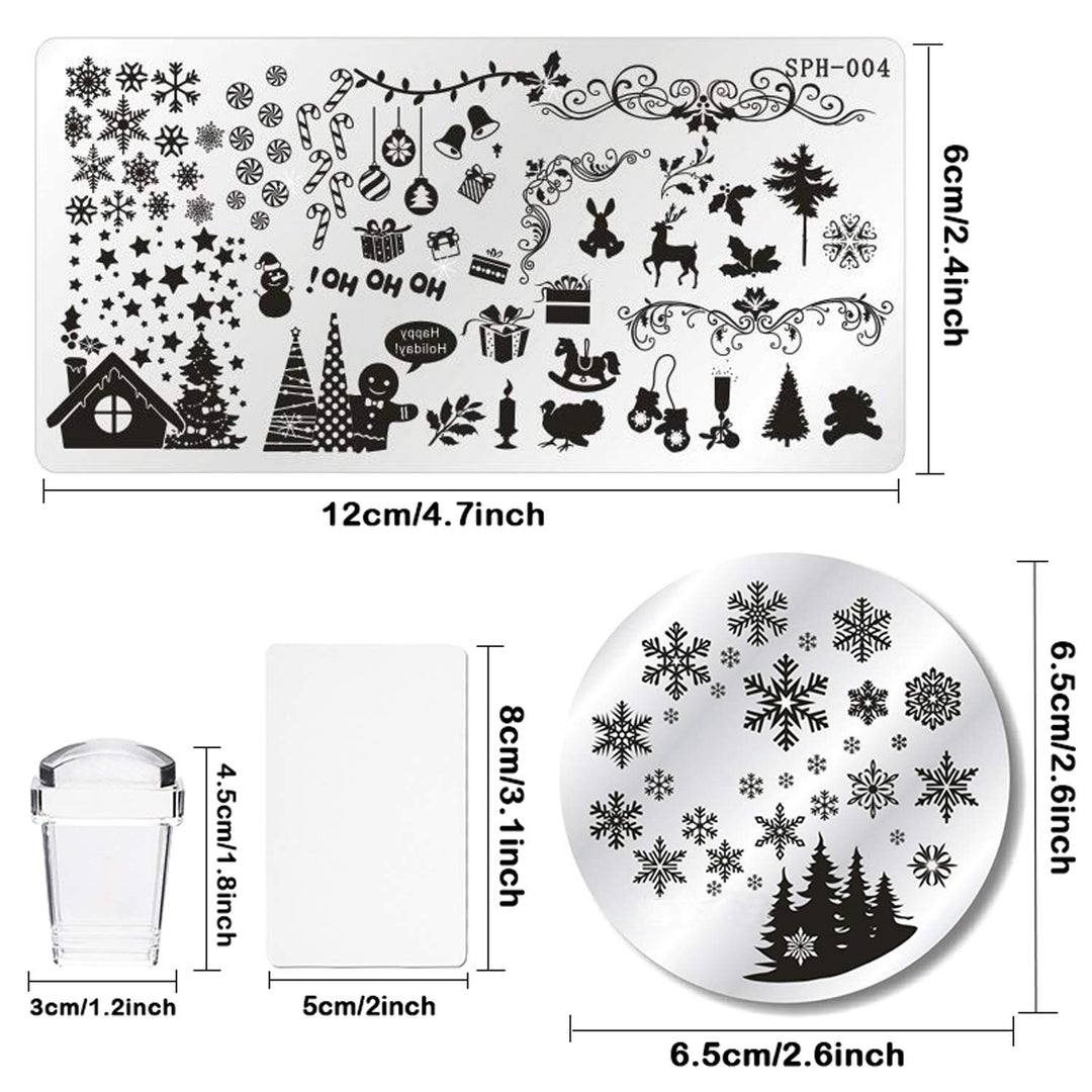 Christmas Nail Art Plates Santa Reindeer Snowflake Image Stamp Templates Stamping Kit - 6 Manicure Stencils Tool Set with 1 Polish Stamper and 1 Scraper by Salon Designs