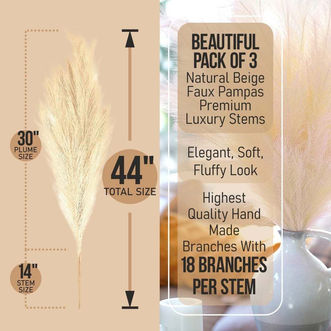 Trendy Home Decor Pampas Grass Decor Tall (3 Pcs - 44 inch Natural/Beige Or Pink) Super Fluffy | Large for Floor Vase Artificial Faux (Beige Natural)