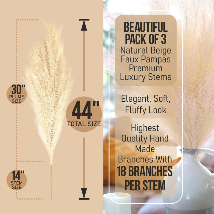 Trendy Home Decor Pampas Grass Decor Tall (3 Pcs - 44 inch Natural/Beige Or Pink) Super Fluffy | Large for Floor Vase Artificial Faux (Beige Natural)