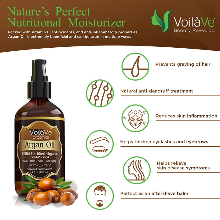 USDA and ECOCERT 100% Pure Organic Moroccan Argan Oil for Skin, Nails & Hair Growth, Anti-Aging Face Moisturizer, Cold Pressed, Hair Moisturizer, Rich in Vitamin E, As Seen On TV - 4 fl oz