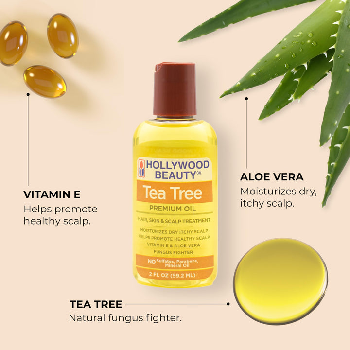 Tea Tree Oil for Hair, Scalp, and Skin, 2 fl oz - Moisturizes Dry, Itchy Scalp, Fungus Fighter, Blended with Vitamin E & Aloe