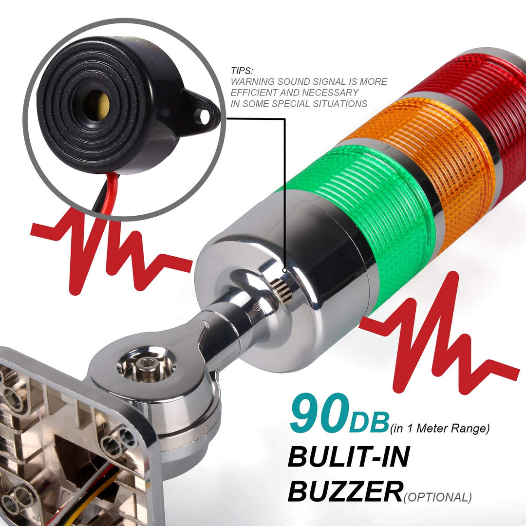 12-24V LED Stack Tower Lights, Industrial Warning Lights, Andon Lights, Column Signal Tower Indicator Lamp Beacon, Continuous/Flashing Light Switchable, 2 Layer (with Buzzer)