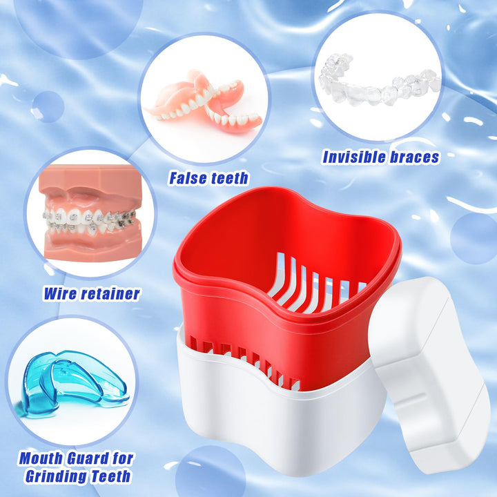 2 Denture Bath Cases with 2 Denture Cleaner Brushes Denture Cups Denture Boxes Bath Dentures Container with Basket Denture Holder Denture Brush Retainer Case for Travel Retainer Cleaning