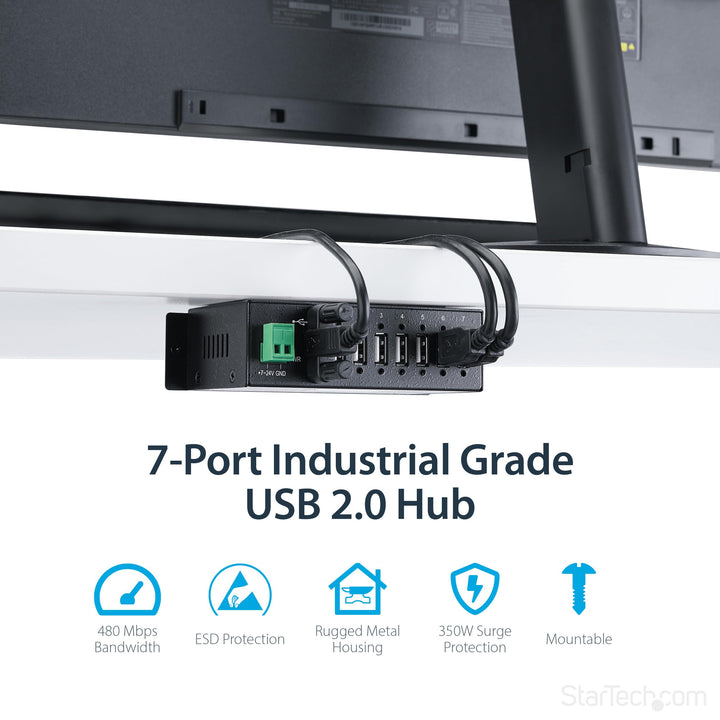 7-Port USB 2.0 Hub - Metal Industrial USB-A Hub with ESD Protection & 350W Surge Protection - Din Rail, Wall or Desk Mountable - TAA Compliant USB Expander Hub (ST7200USBM)
