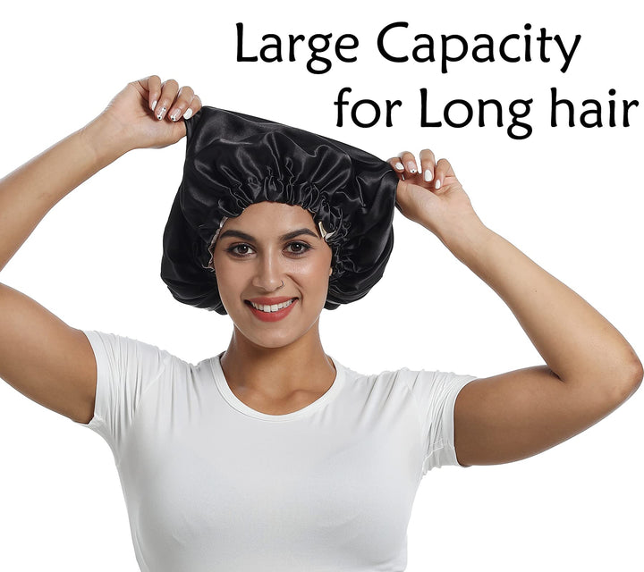 100% Mulberry Silk Lined Bonnet Adjustable Satin Sleep Cap 19 Momme Silk Bonnet for Women Curly,Long Hair Care Black